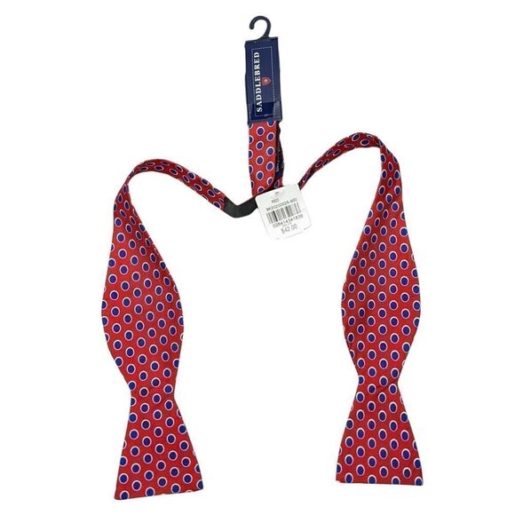 Saddlebred Bow tie Red Blue Polka Dots New with Tags Silk - Picture 3 of 6